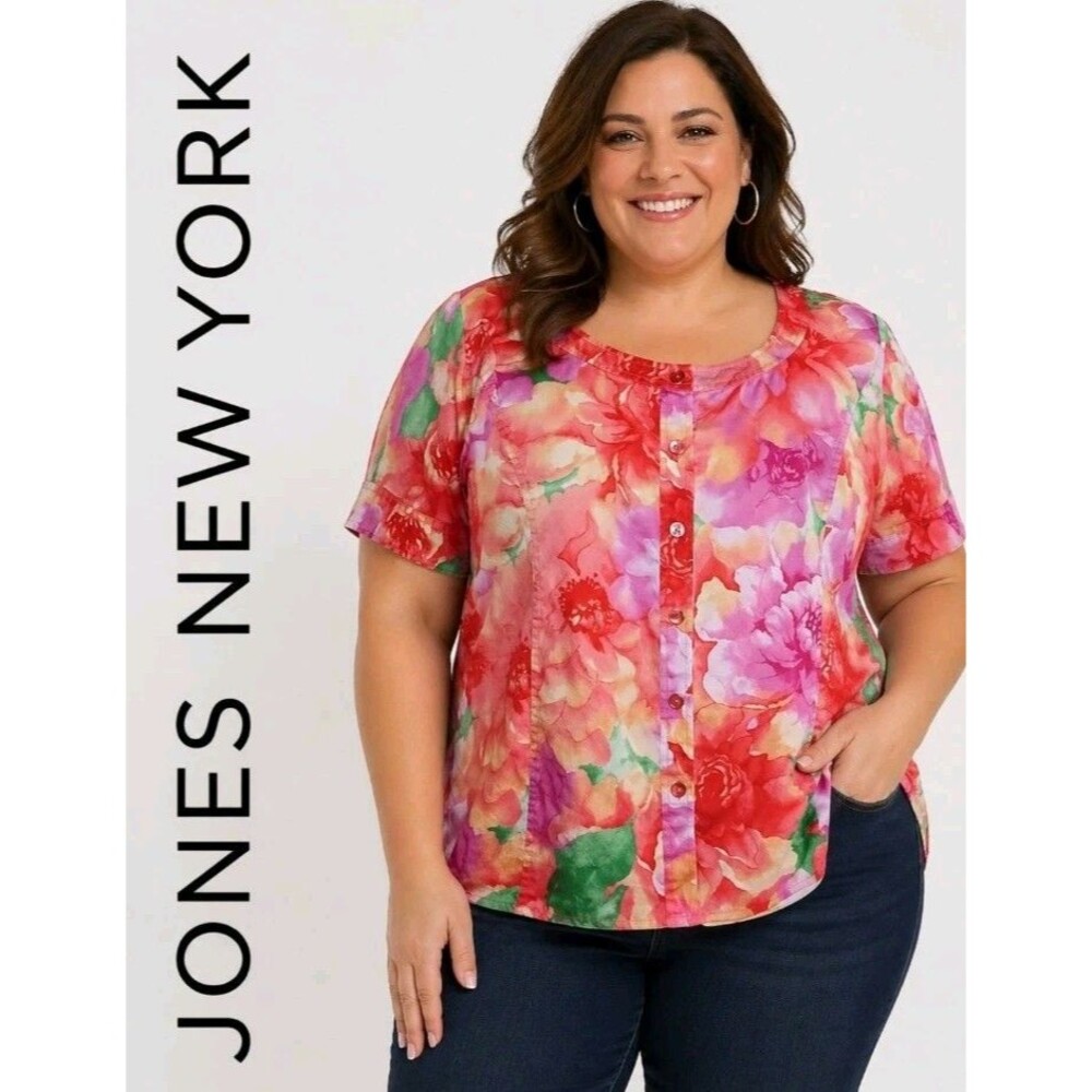 JONES NEW YORK Womens 2X Floral Tropical Button Up 100% Cotton Colorful SS Top